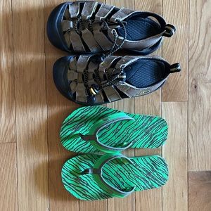 Size 1. Lightly used Keen sandals, brand new pair of North Face flip flops.